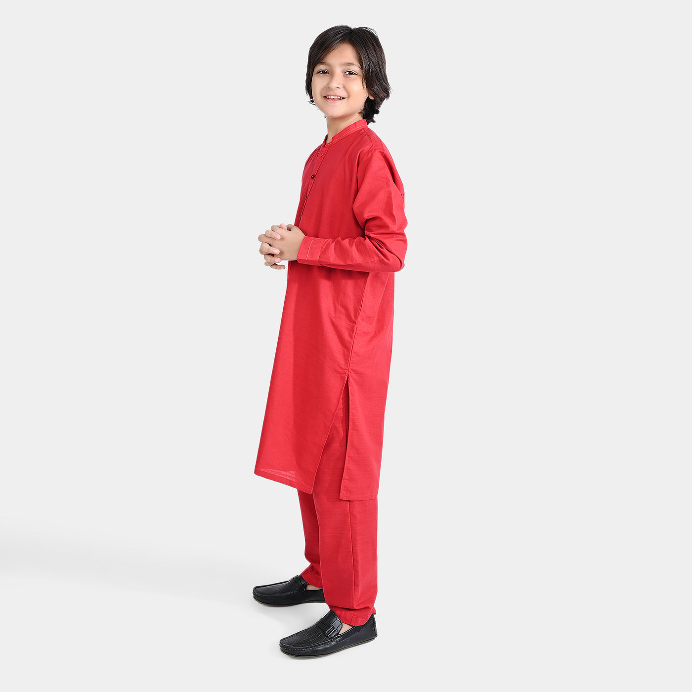 Boys Cotton Slub Shalwar Suit (Cuff Styling)-Reddish