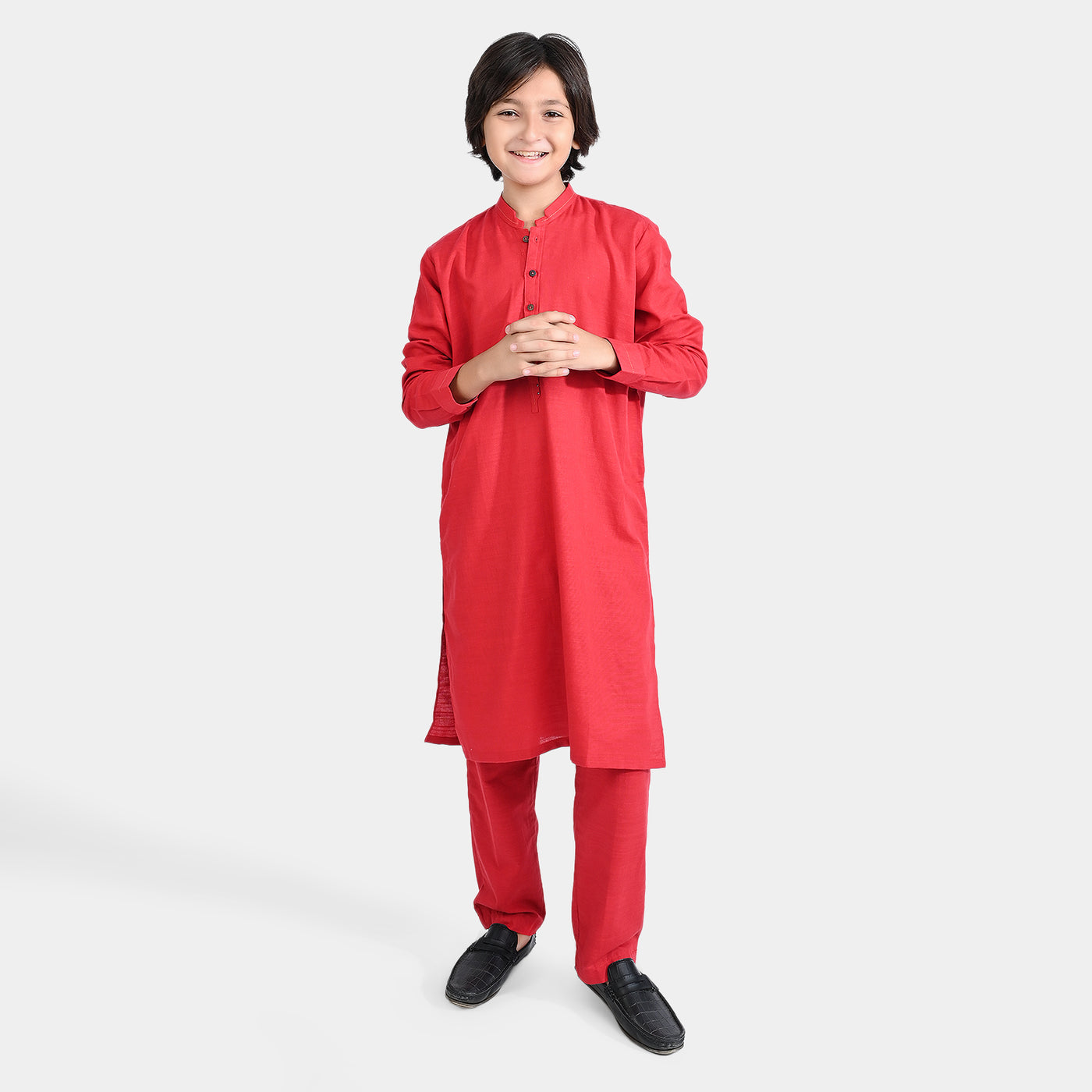 Boys Cotton Slub Shalwar Suit (Cuff Styling)-Reddish