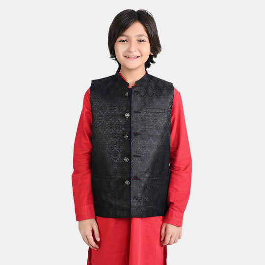 Boys Poly Viscose Waistcoat (Jamawar Black)-BLACK