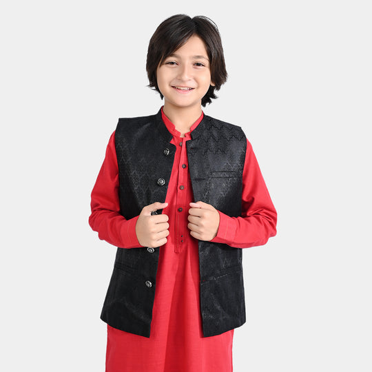 Boys Poly Viscose Waistcoat (Jamawar Black)-BLACK