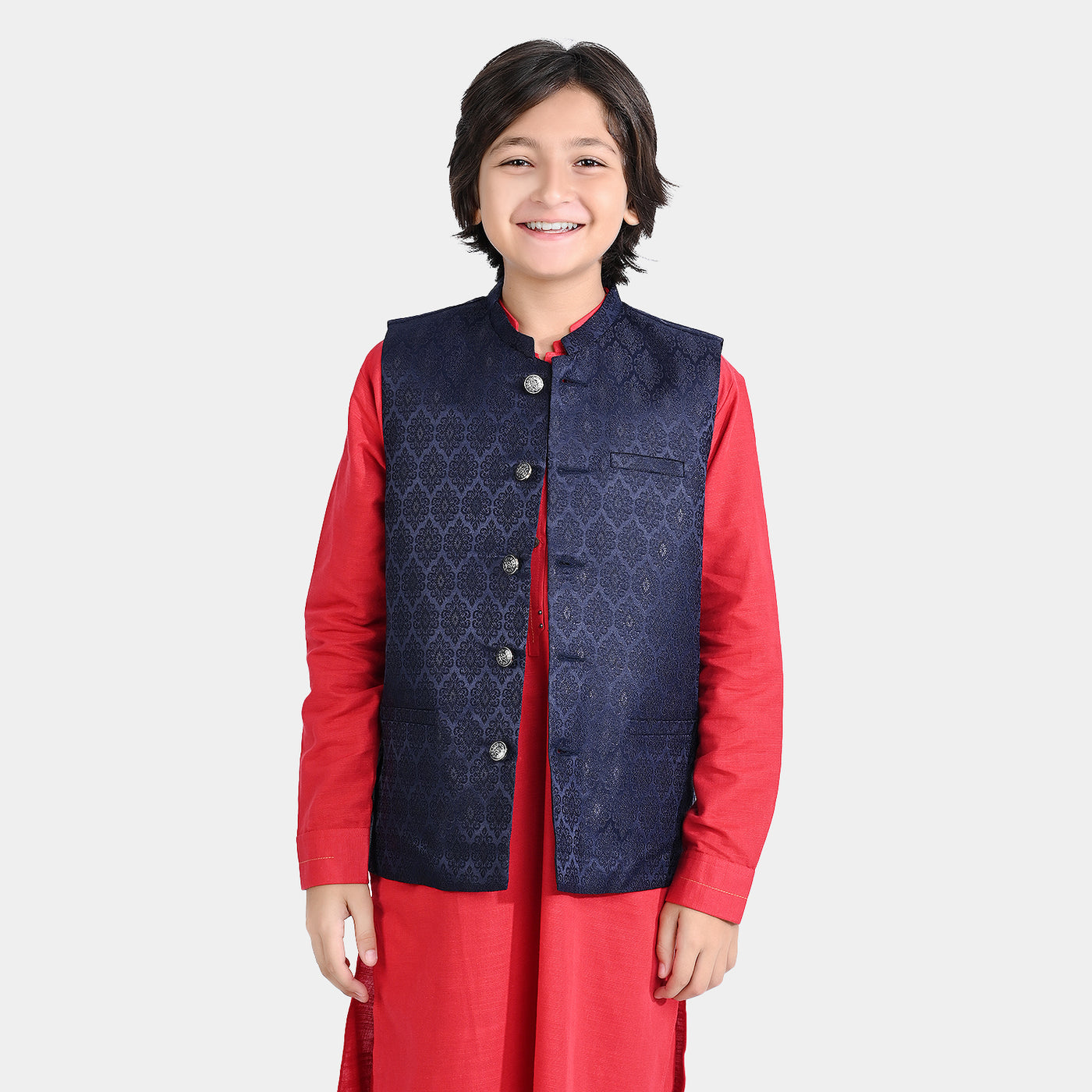 Boys Poly Viscose Waistcoat (Jamawar Navy)-NAVY