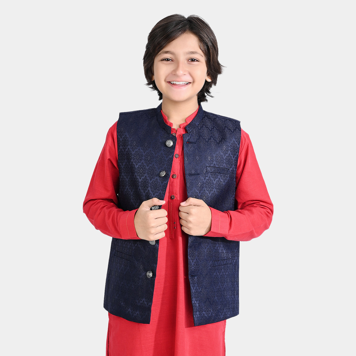 Boys Poly Viscose Waistcoat (Jamawar Navy)-NAVY