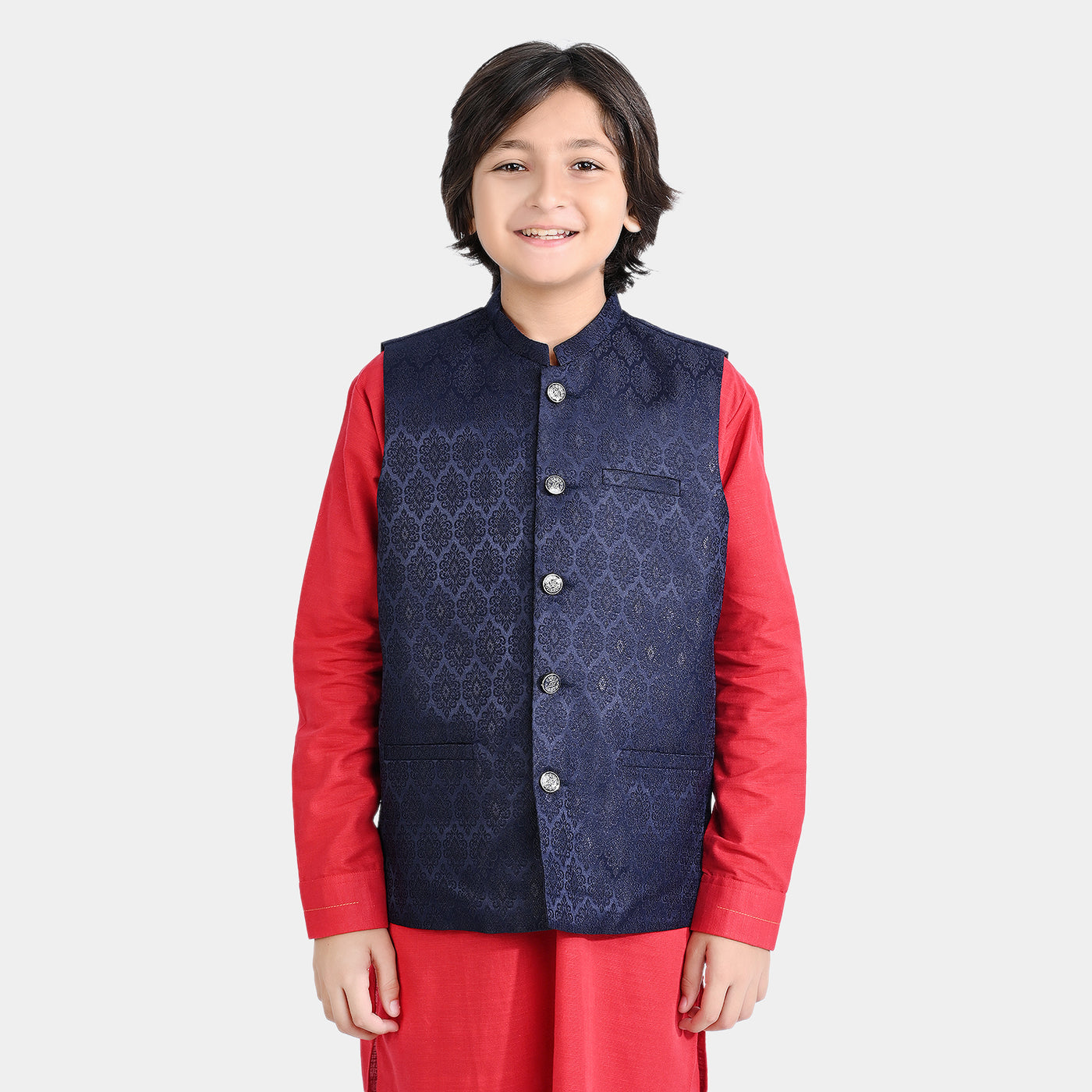 Boys Poly Viscose Waistcoat (Jamawar Navy)-NAVY