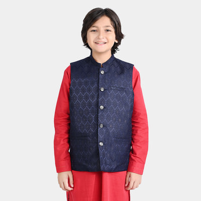 Boys Poly Viscose Waistcoat (Jamawar Navy)-NAVY