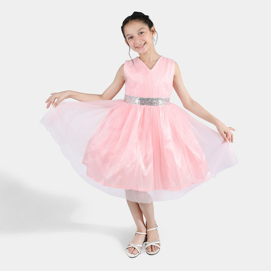 Girls Net Fancy Frock Adorable -Peach