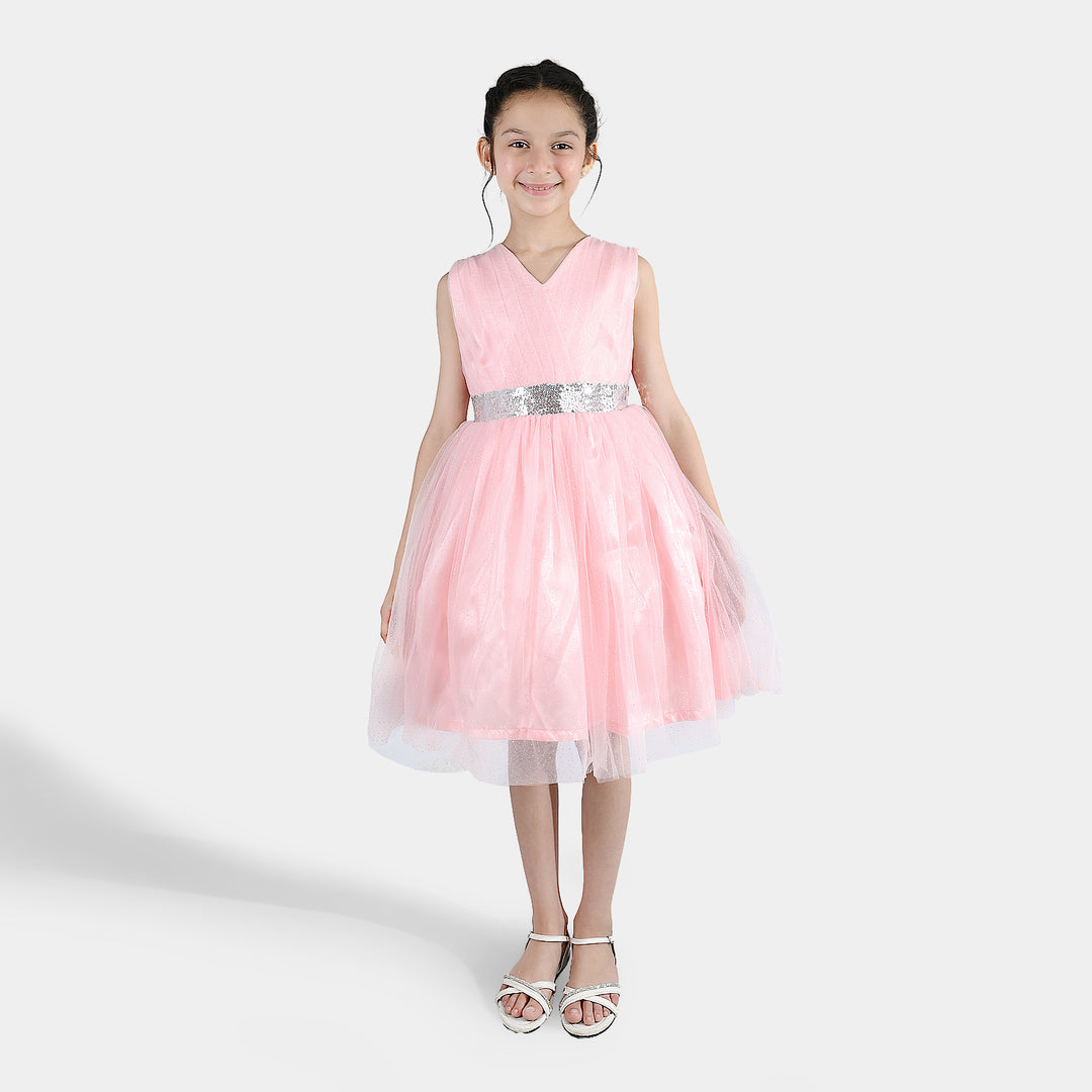Girls Net Fancy Frock Adorable -Peach