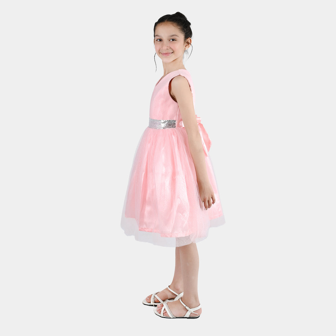 Girls Net Fancy Frock Adorable -Peach