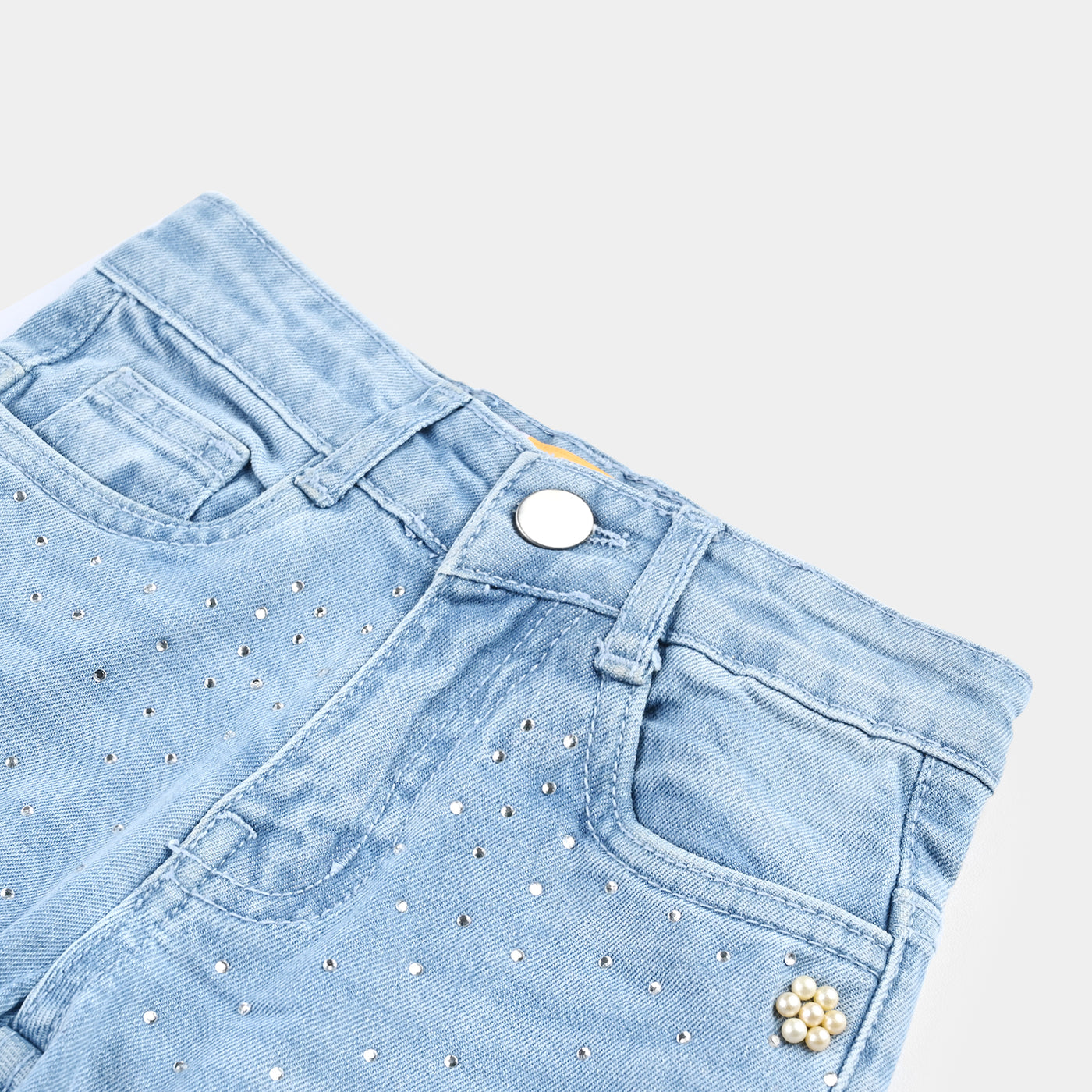 Girls Denim Culotte with Pearls & Studs-Ice Blue