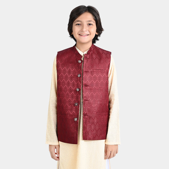 Boys Poly Viscose Waistcoat (Jamawar Maroon)-MAROON