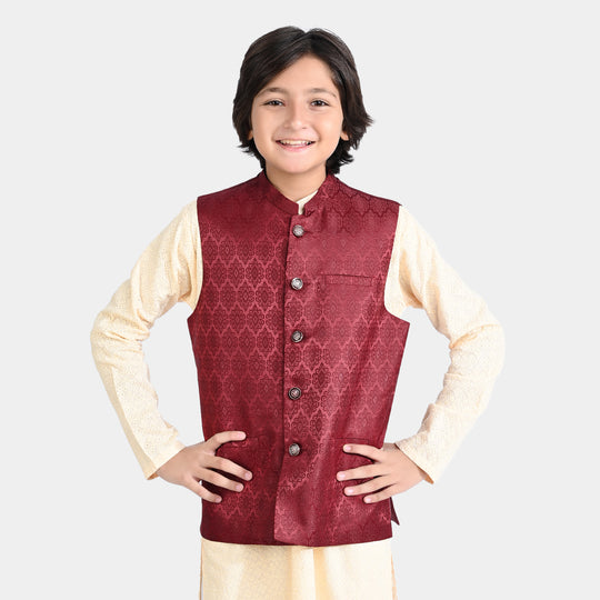 Boys Poly Viscose Waistcoat (Jamawar Maroon)-MAROON