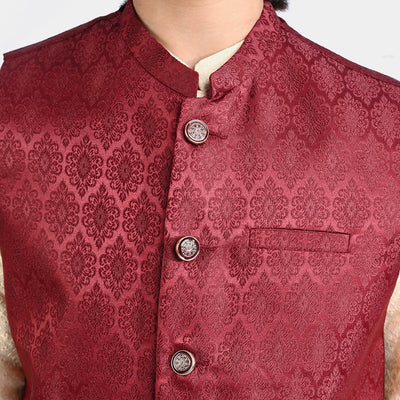 Boys Poly Viscose Waistcoat (Jamawar Maroon)-MAROON