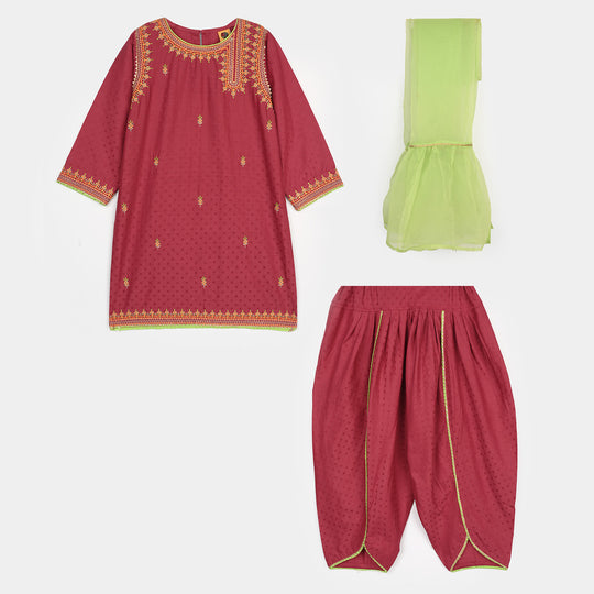 Girls Viscose 3-Piece Set (Falak) - Magenta
