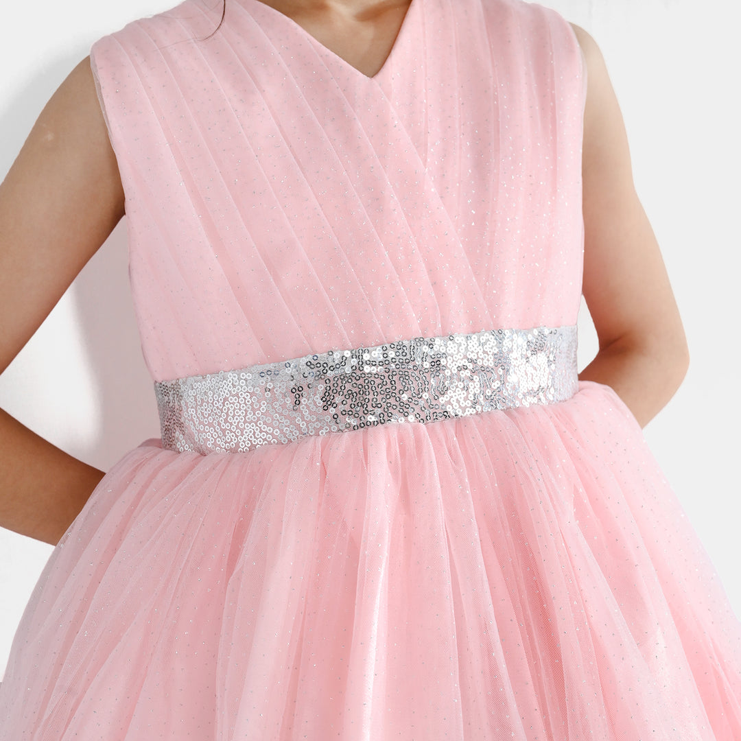 Girls Net Fancy Frock Adorable -Peach