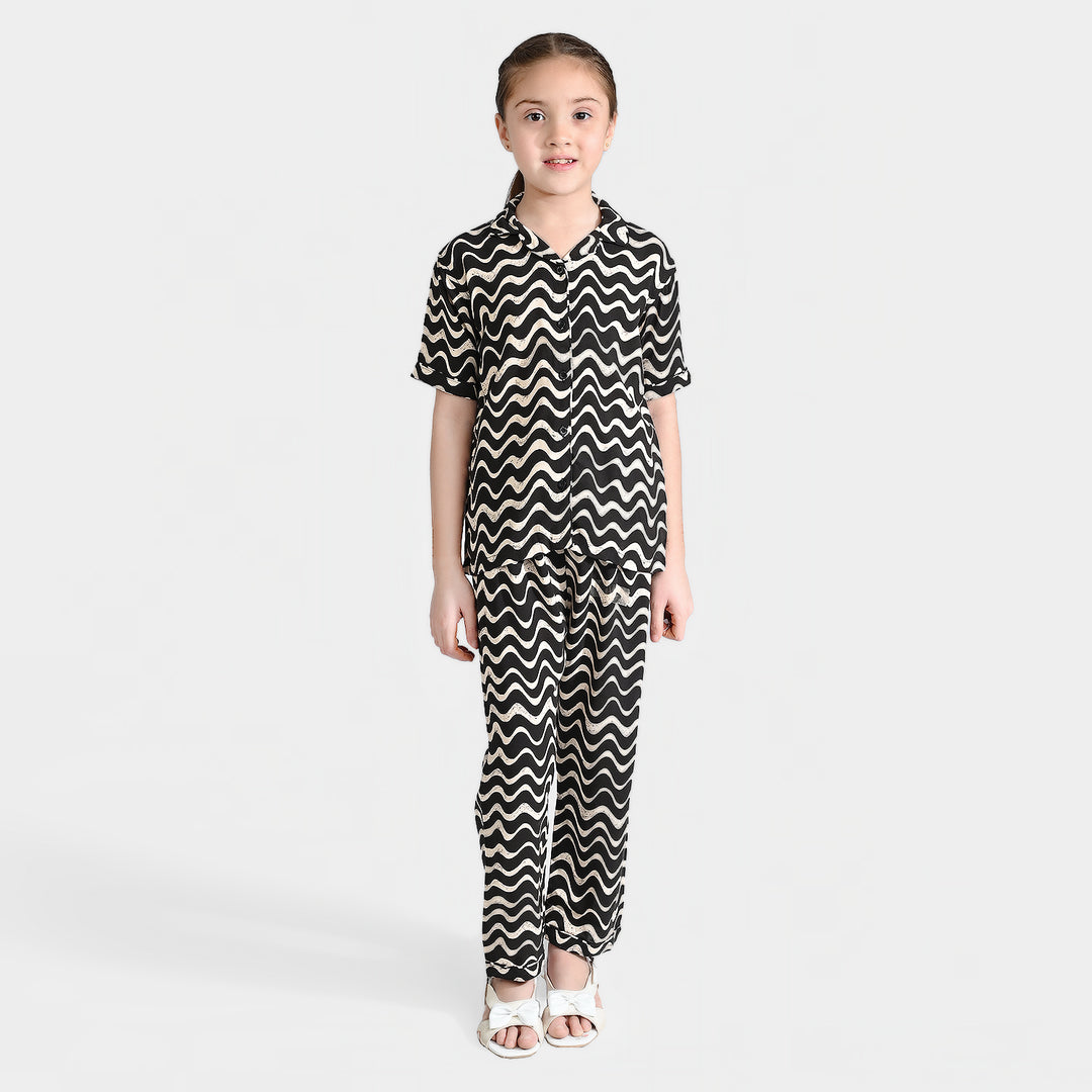 Girls Viscose Nightwear Wavy-Black/Cream