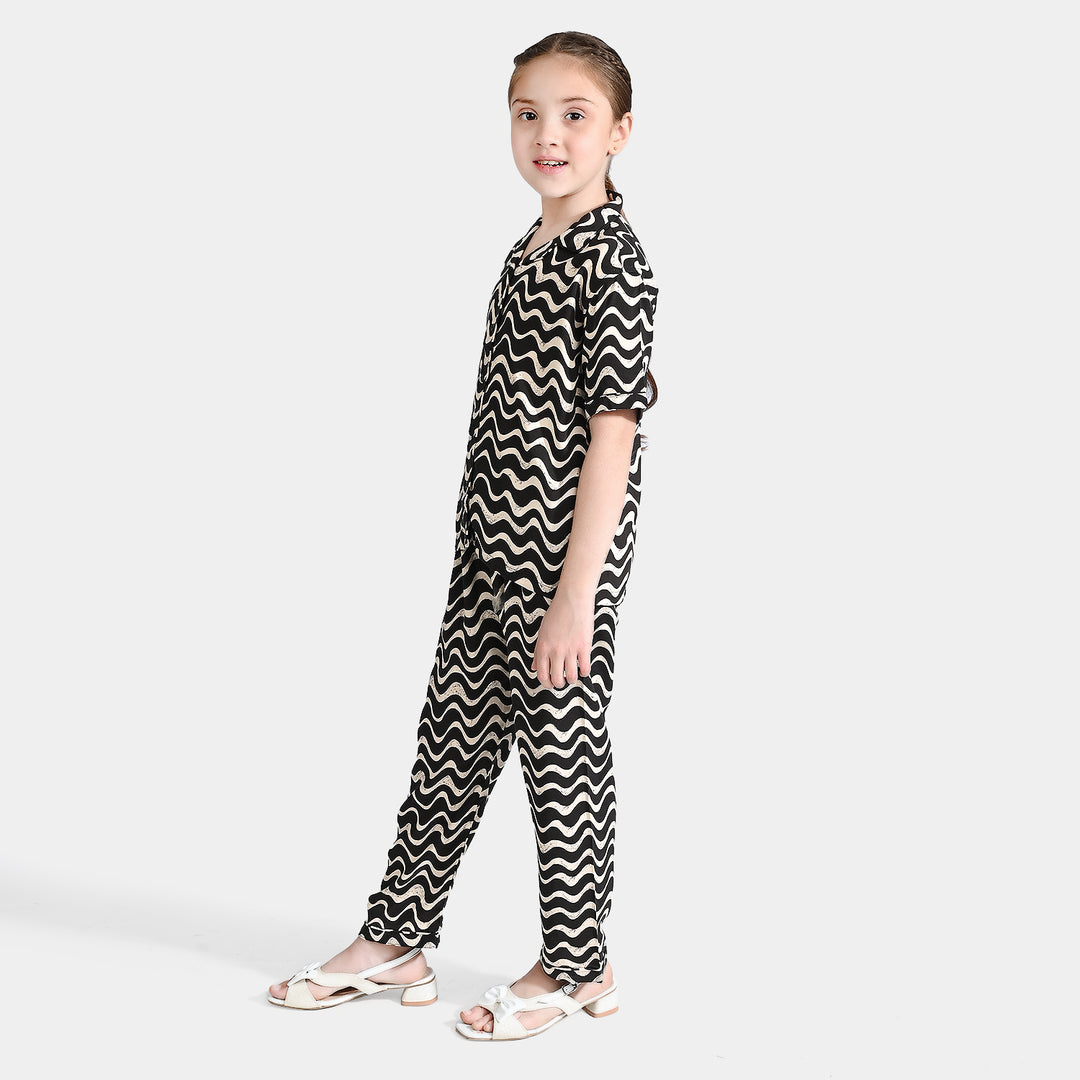 Girls Viscose Nightwear Wavy-Black/Cream