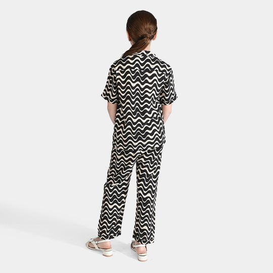 Girls Viscose Nightwear Wavy-Black/Cream