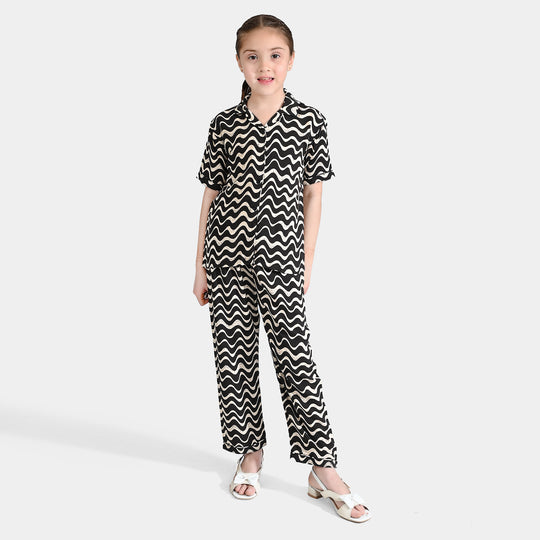 Girls Viscose Nightwear Wavy-Black/Cream