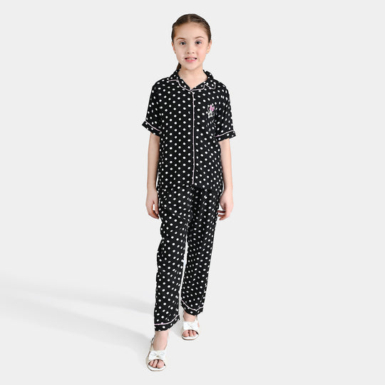 Girls Viscose Nightwear Polka Dot-BLACK