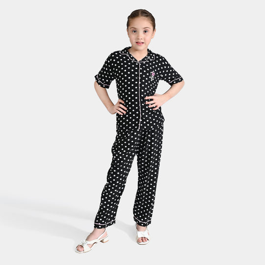 Girls Viscose Nightwear Polka Dot-BLACK