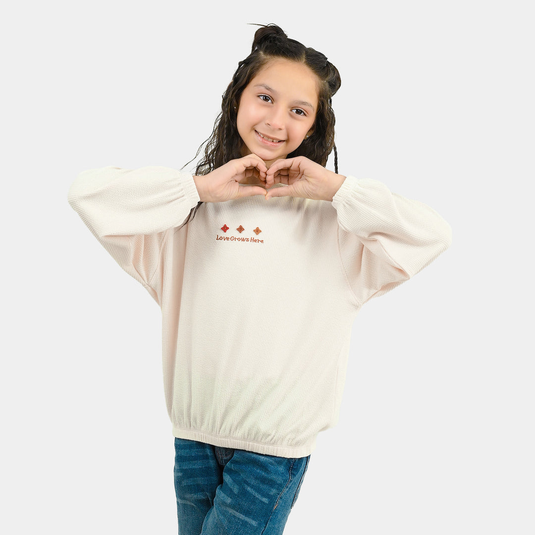 Girls Cotton Rib Sweatshirt Love Grow Here-BROWN