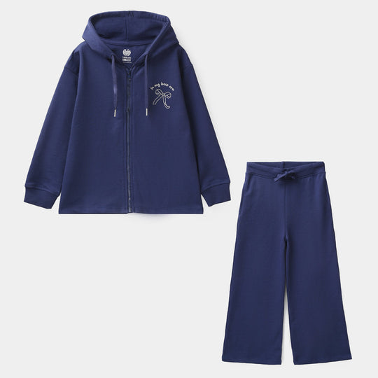 Teens Girls Jersey/Terry 2 Piece Suit Bow-NAVY