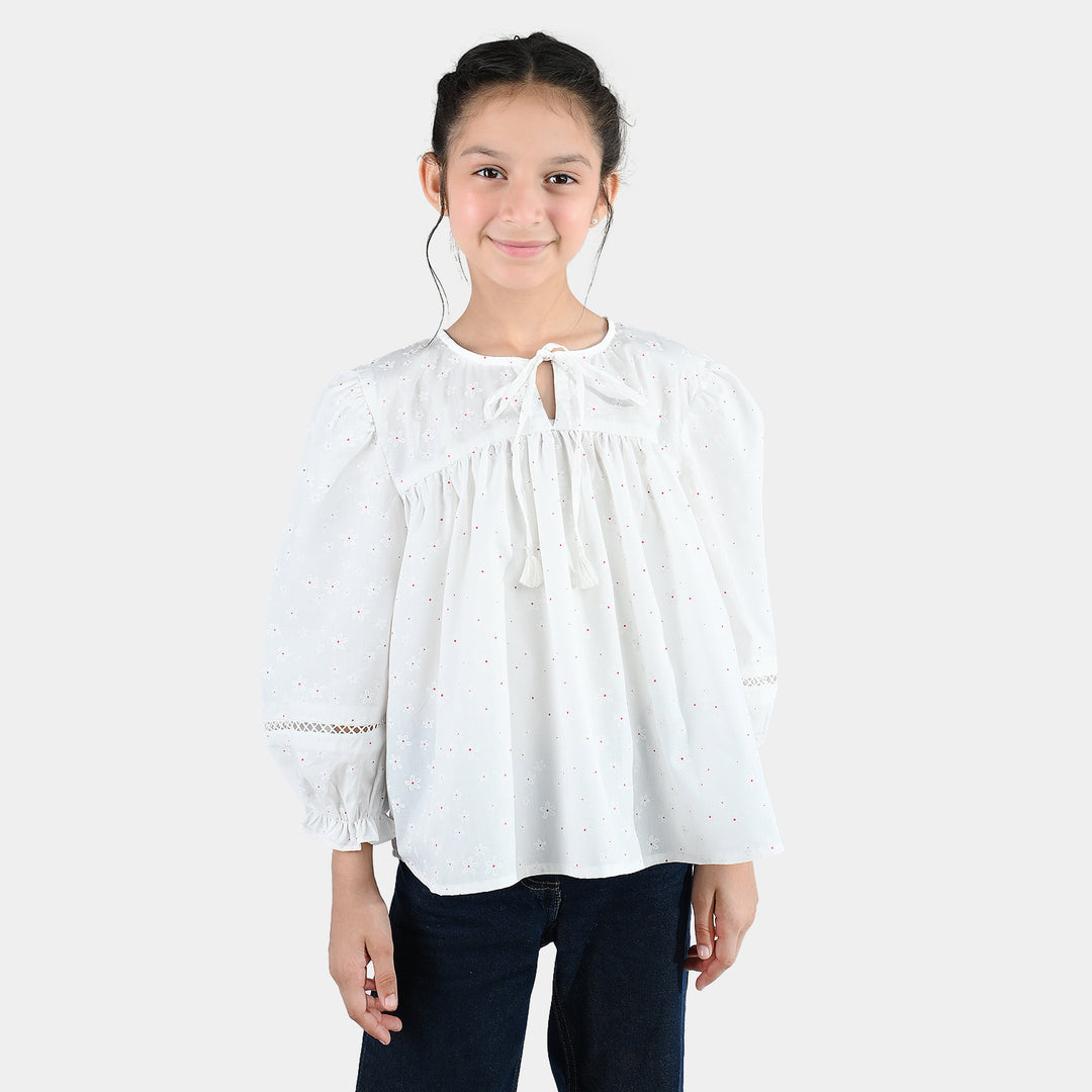 Girls Poly Cotton Casual Top – Star Print White with Puffed Sleeves