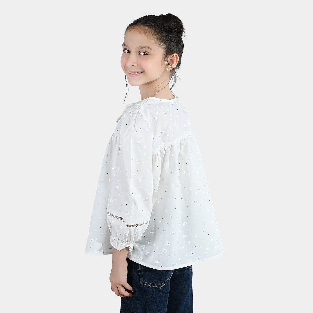 Girls Poly Cotton Casual Top – Star Print White with Puffed Sleeves