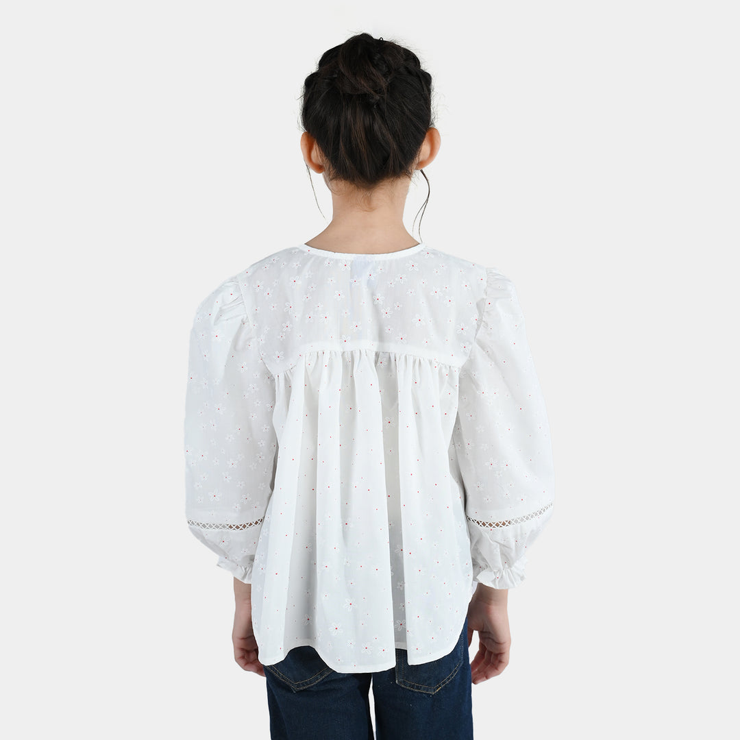 Girls Poly Cotton Casual Top – Star Print White with Puffed Sleeves