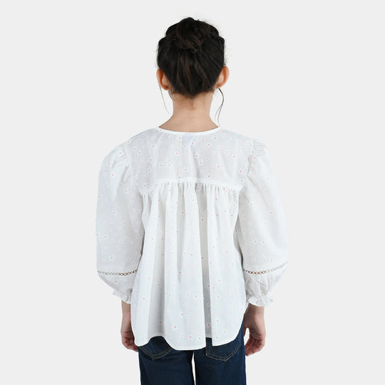 Girls Poly Cotton Casual Top – Star Print White with Puffed Sleeves