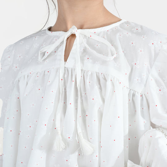 Girls Poly Cotton Casual Top – Star Print White with Puffed Sleeves