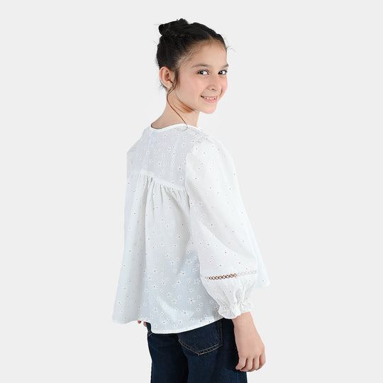 Girls Poly Cotton Casual Top – Star Print White with Puffed Sleeves