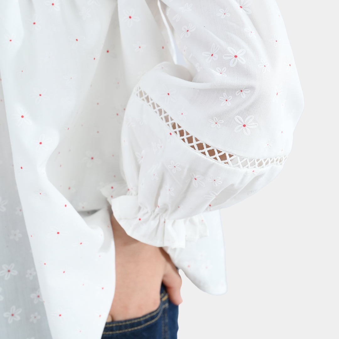 Girls Poly Cotton Casual Top – Star Print White with Puffed Sleeves