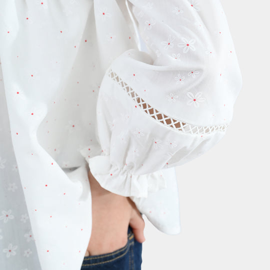 Girls Poly Cotton Casual Top – Star Print White with Puffed Sleeves