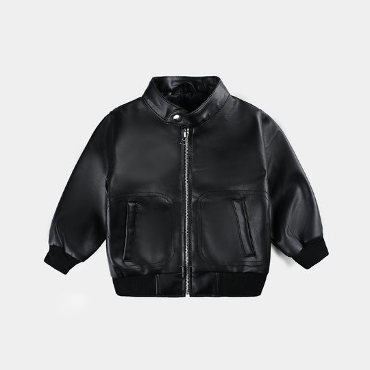 Boys PU Leather Jacket With Rib-BLACK