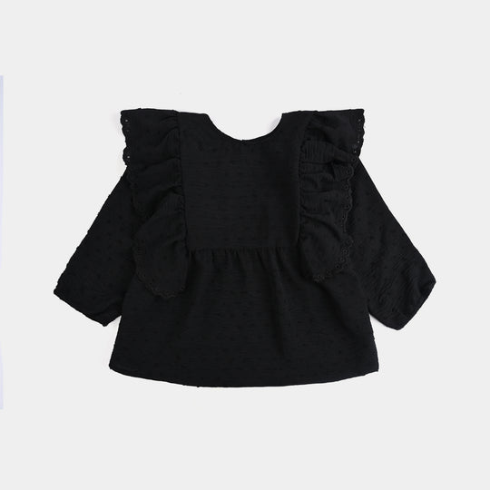 Girls Cotton Emb Top Maroon Ruffles-BLACK