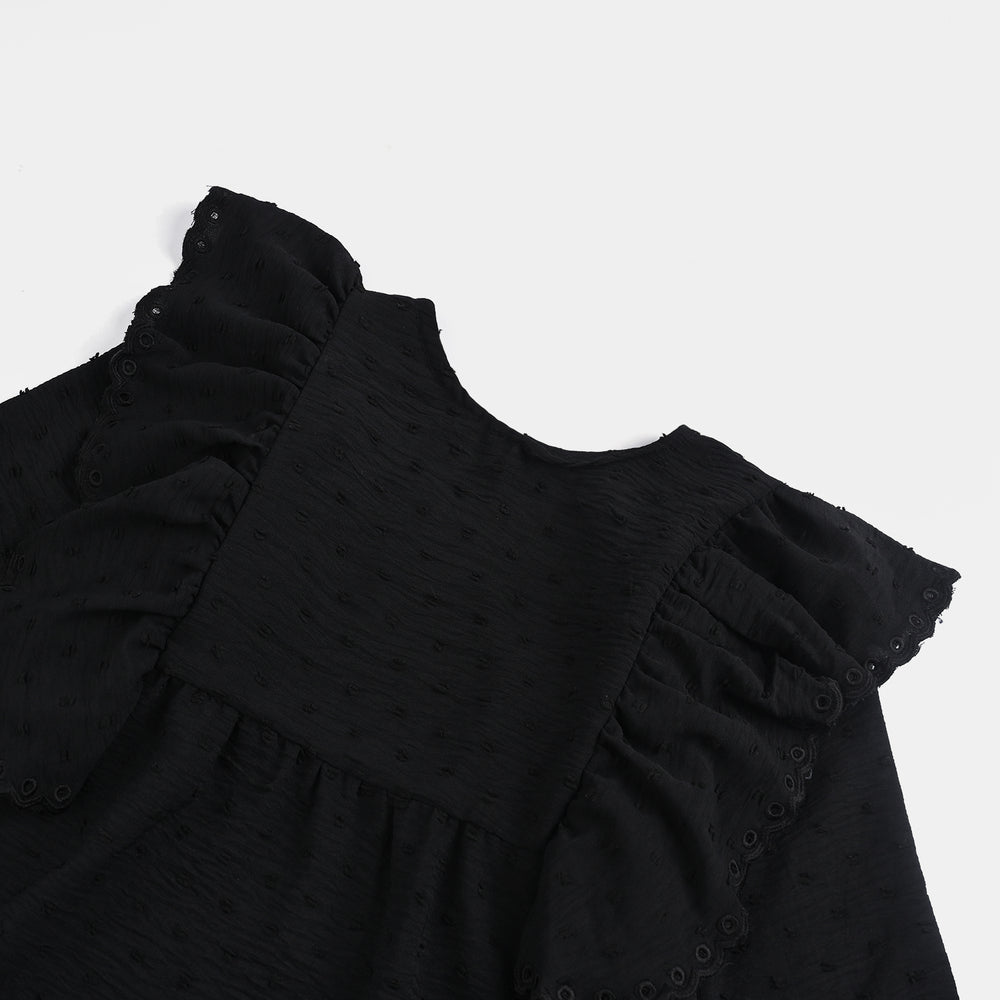 Girls Cotton Emb Top Maroon Ruffles-BLACK