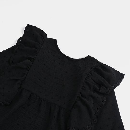 Girls Cotton Emb Top Maroon Ruffles-BLACK