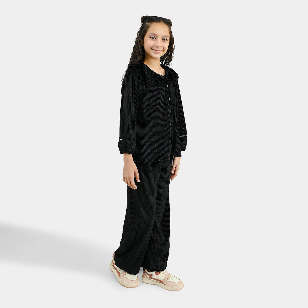 Girls Velvet Co-ord Set Shimmer Limes-BLACK