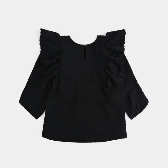 Girls Cotton Emb Top Maroon Ruffles-BLACK