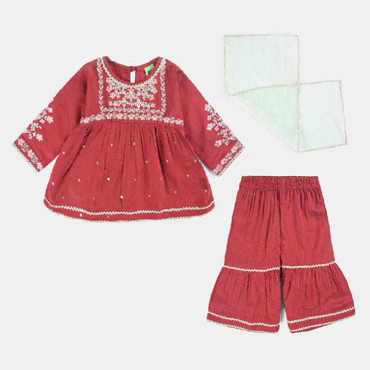 Infant Girls Raw Silk 3 PC Suit Riwayat-Red