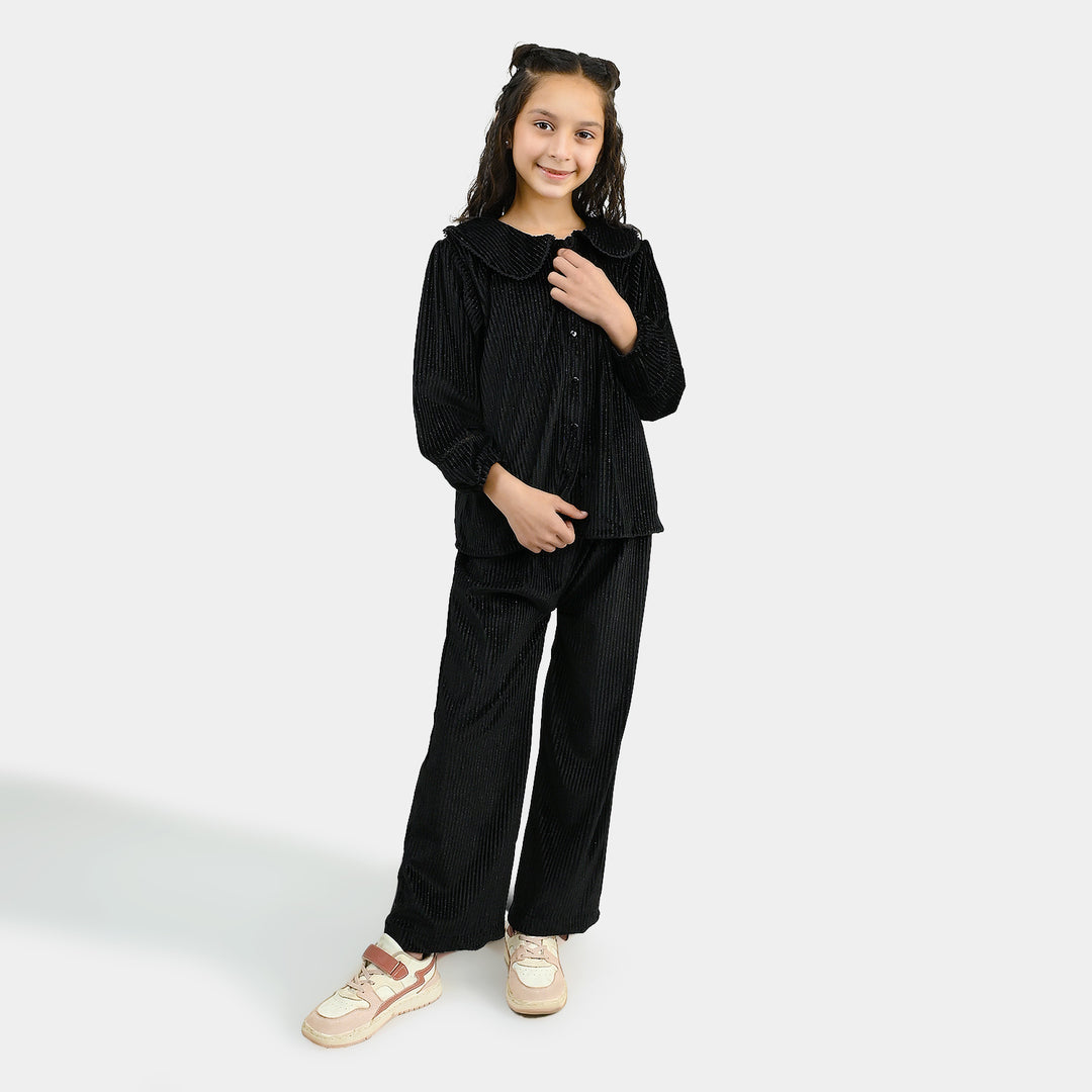 Girls Velvet Co-ord Set Shimmer Limes-BLACK