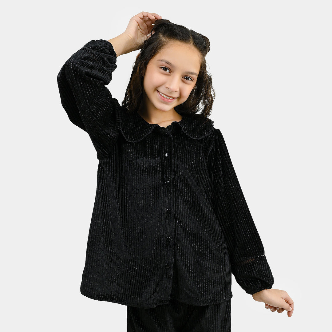 Girls Velvet Co-ord Set Shimmer Limes-BLACK