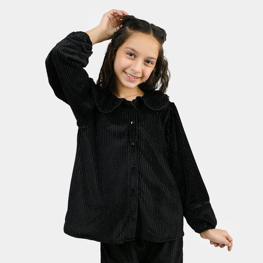Girls Velvet Co-ord Set Shimmer Limes-BLACK