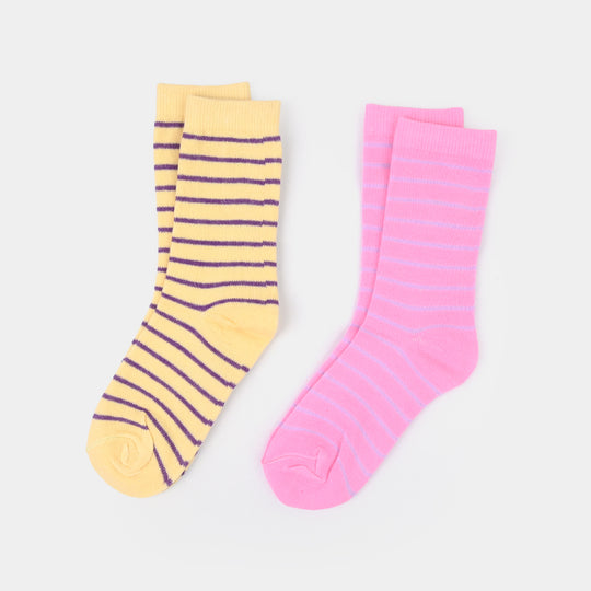 Girls Cotton Socks Pack of 2 (Lines) - Yellow/Pink
