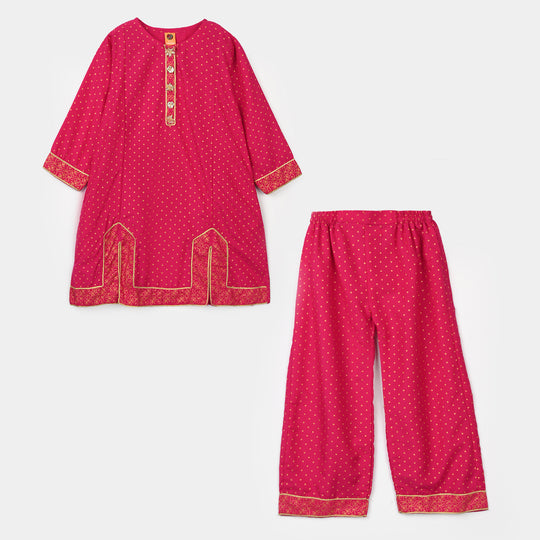 Girls Cotton 2-Pcs Suit (Arzoo) - Bright Pink