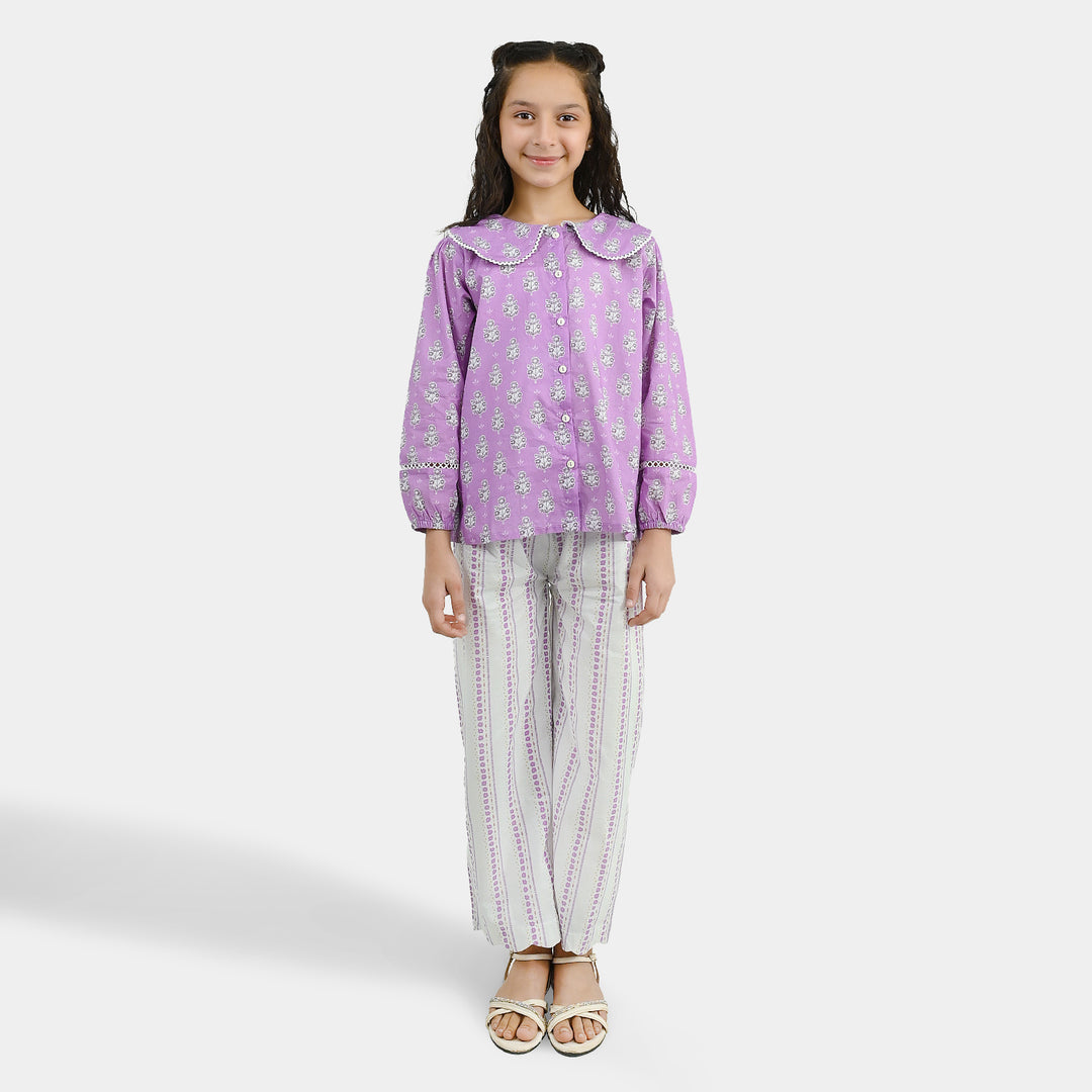 Girls Cotton Co-Ord Set Ruffles-Purple