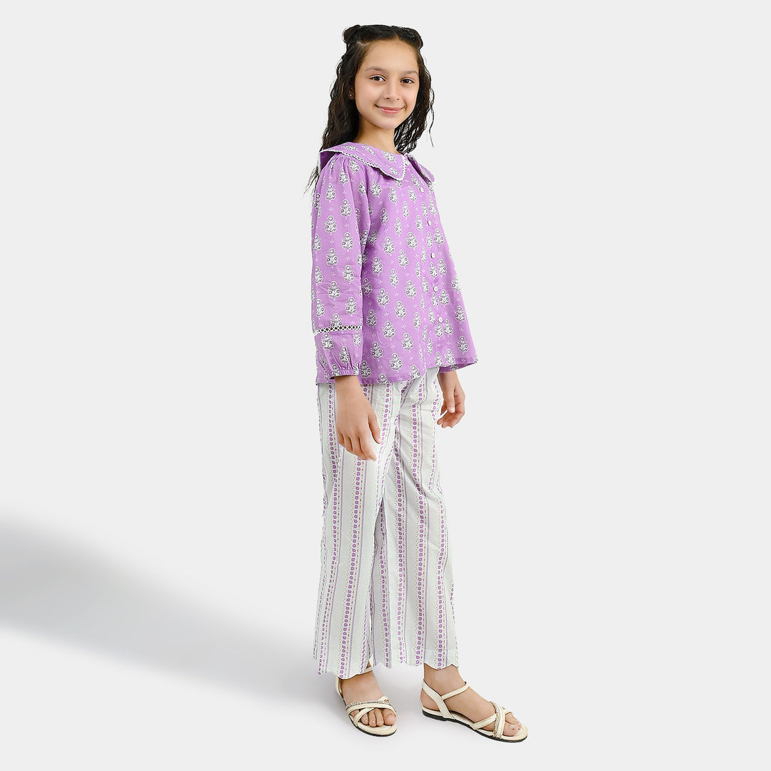 Girls Cotton Co-Ord Set Ruffles-Purple