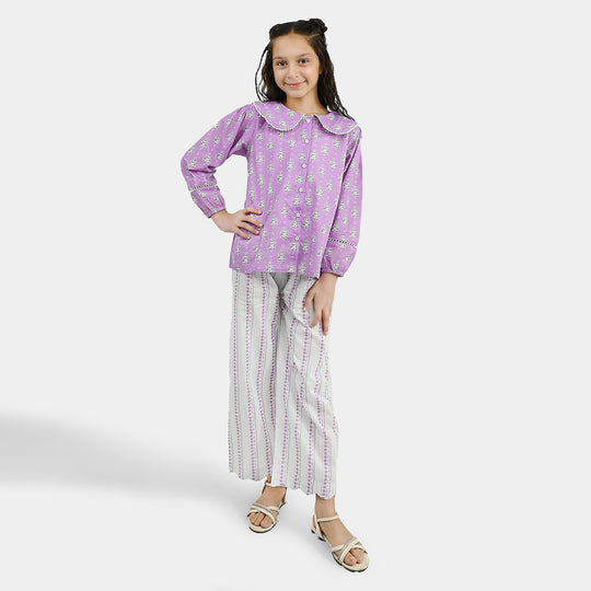Girls Cotton Co-Ord Set Ruffles-Purple