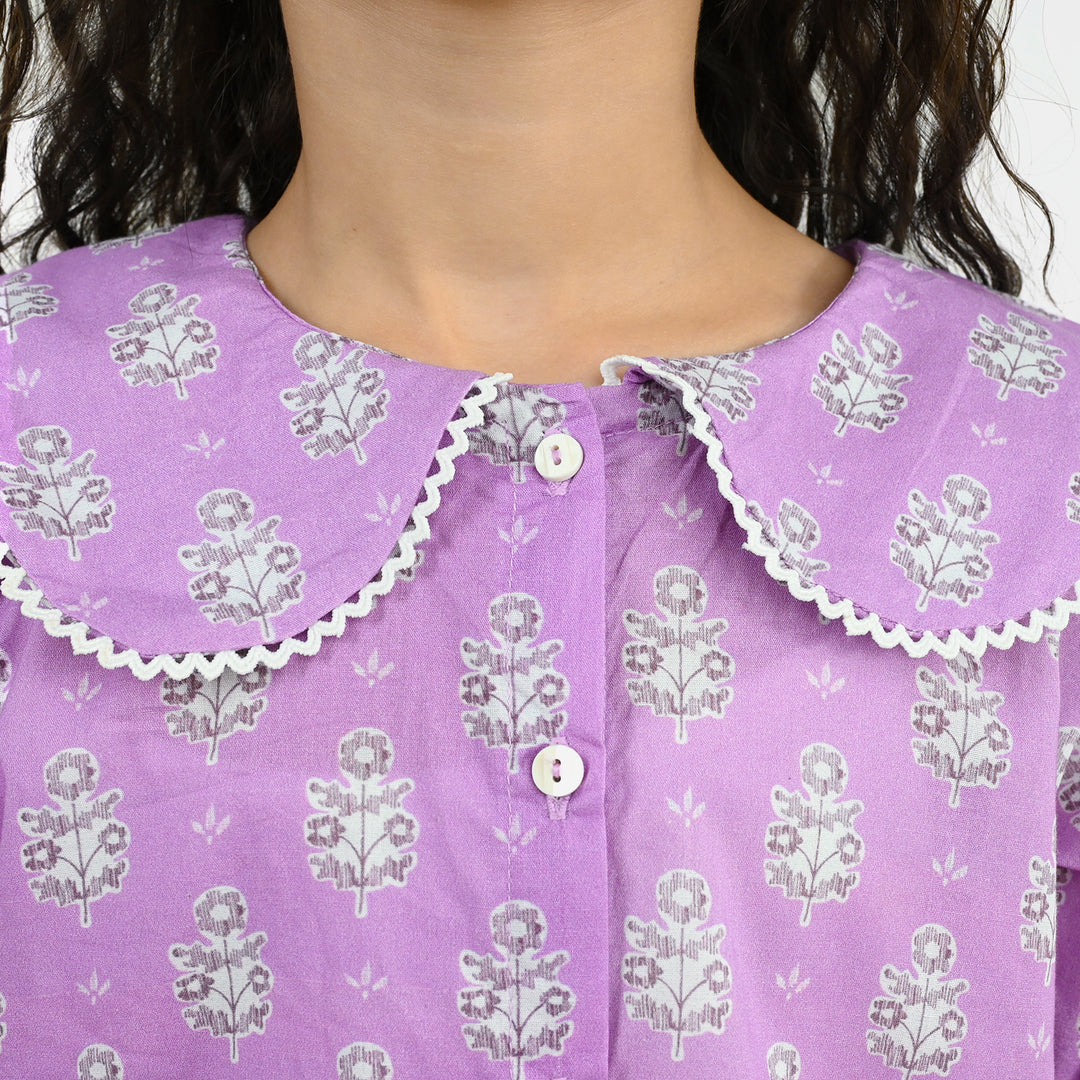 Girls Cotton Co-Ord Set Ruffles-Purple