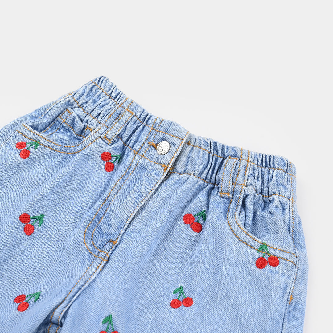 Girls Denim Rigid Shorts (Embroidered Cherry) - Light Blue